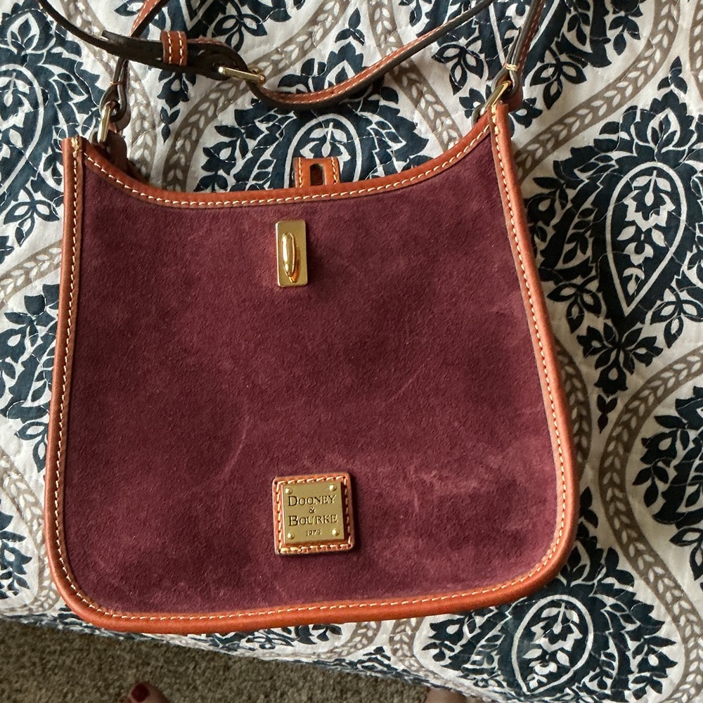 Dooney & Bourke Burgundy Suede Shoulder Bag with Tan Trim